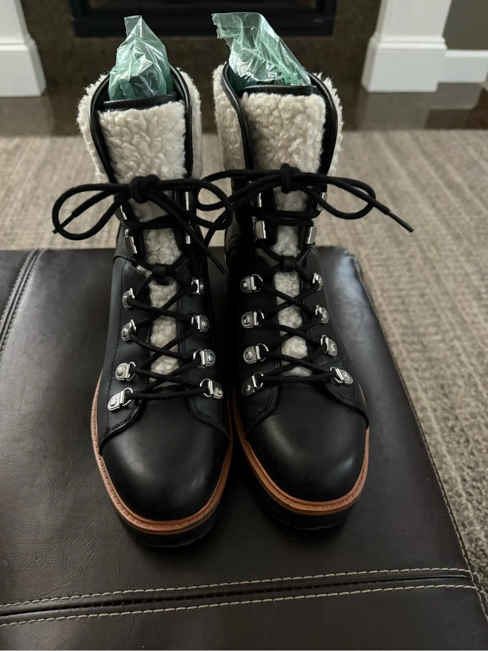 Marc Fisher Black Leather Shearling-Trim Lace-Up Ankle Boot
